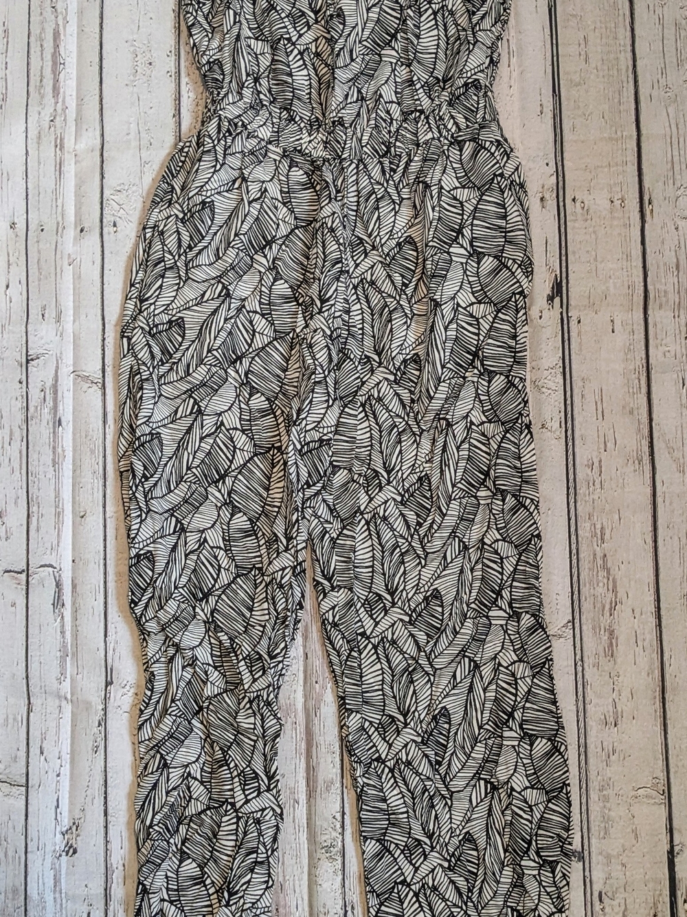 LOFT Black and White Leaf-Print Jumpsuit